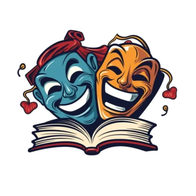 Comedy and tragedy masks looking young, happy style, school books, vector style graphic, positive vibe, clipart, single design, white background
