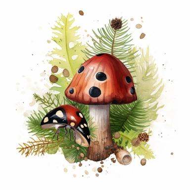 realistic forest clipart, lady bug, mushroom, pine, leaf, seed