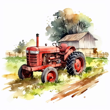 watercolor red tractor on farmland clipart
