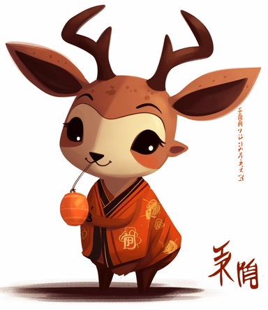 chibi deer illustration, brown with orange clipart, in the style of the vancouver school, chinese new year festivities, robert munsch, loose handling of paint, logo, white and bronze, creative commons attribution