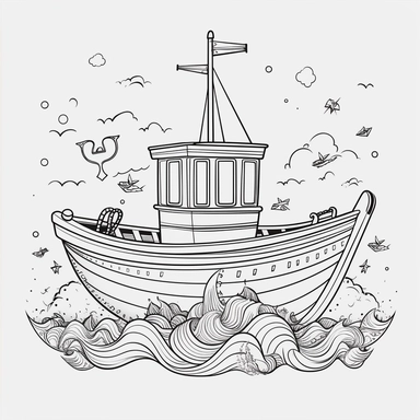 coloring page for kids of boat in ocean, white neutral background, clean line art, low details , 1,5px thick black lines, clipart
