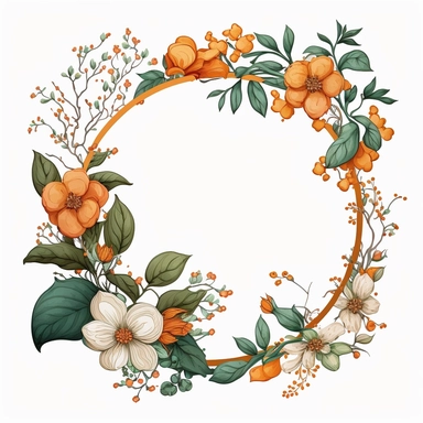 circle Botanical Frame, orange flowers, white background, clipart, art nouveau