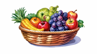 photorealistic clipart, watercolor illustration of a basket containing different fruits and vegetables, detailed, bold colors, thick outlines, isolated objects, white background, in the style of colorful cartoon, 8k