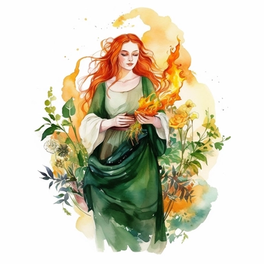 Pagan style beautiful Nature red braided haired Sacred Saint Brigid with watercolor effect,long skirt, flowers and green plants,big fire,suitable for digital clipart,white background,full body,impressive woman,-dark colors,green,khaki,wild colors