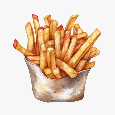 High Detail clipart of Fries, no sauce, no lines, no outlines, clipart, featured on dribble, american Dinner clipart, minimalist, computer vector graphic design clip art, watercolor illustration clipart, watercolour clipart, watercolor illlustration for Recipe Books, book illustration, print on demand image, PNG tranparent background