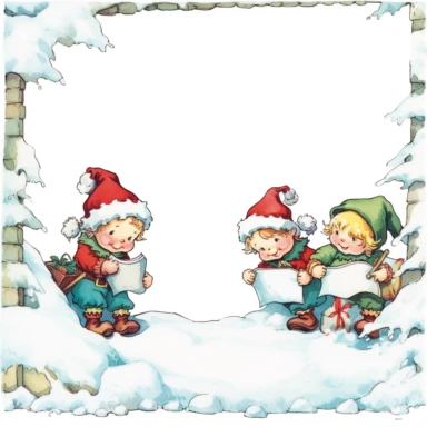 Santa's elves playing in a snowbank as a partial page border, clipart with a white background, minimalist background, clearly defined separate image, high quality--ar3:4-no mockups, watermarks, numbers, writing, letters--q2--v5.1--s1000
