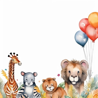watercolour jungle lion zebra elephant tiger giraffe balloon template boarder clipart rectangle kids