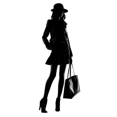 clipart girl silhouette in black with a bag in hand white background