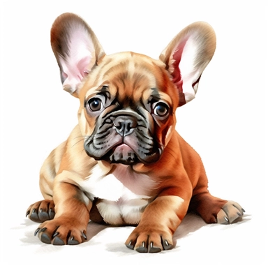 french bulldog puppy lying down, watercolor illustration, clipart, full body, hyper-realistic animal illustration, childlike, free brushwork, white background