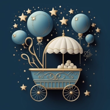 a baby clipart with a carriage and balloons, in the style of dark sky-blue and light azure, typography, strong use of color, handsome, ad posters, rounded, high-angle