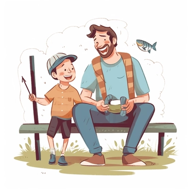 The image depicts a digital art, clipart style illustration of a father and his son engaged in a father-son activity. The father, depicted as a friendly and loving figure, is shown sitting on a park bench with his arm around his young son. They both wear big smiles on their faces, radiating joy and warmth. The father holds a fishing rod, while the son eagerly looks on with curiosity. Nearby, a calm river flows, with a couple of ducks swimming gracefully. The scene is filled with vibrant colors a