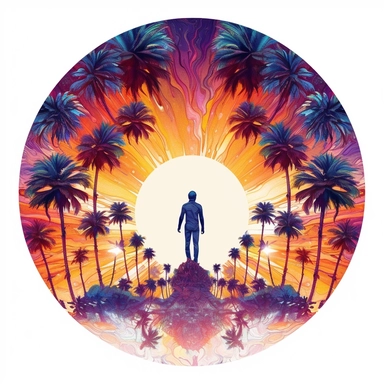 hallusinating grove of palms, psychedelic clipart, small shape of the human in the middle, white background, colorful, galaxies, flying saurcers, sunrise sun shape on the back, no text