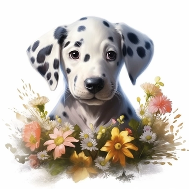clipart, dalmation puppies in different flowers, in the style of hyper-realistic animal illustrations, herb trimpe, magali villeneuve, strong facial expression, pastoral charm, muralist, captivating