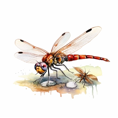 dragon fly eating another small bug clipart watercolor, white background