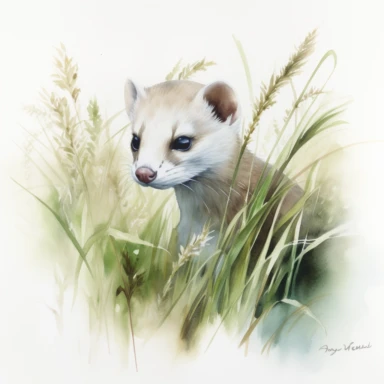 watercolor for a clipart with a white background of a weasel in tall grass and leaf litter, hyperrealism, painted by anne dewailly