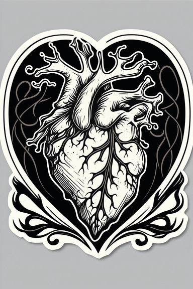 Vectoring logo sticker featuring a Gothic Heart with veins [image in frame] [Sticker] [minimal] [Black and white line art] [] [straight lines no shadows greys] [SVG design] [clipart] [Illustration] [White Background] [Vynil cut]