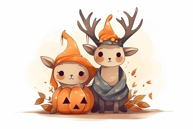 Cute Elk in halloween Day clipart, cartoon, white background,