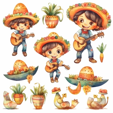 Watercolor cinco de mayo decorations, illustrations clipart set, simple, cinco de mayo colors, cartoon elements, different variants, cinco de mayo mexican hat, fiesta, mexican maracas, cute little boy with traditional mexican dress and hat, cinco de mayo sugar skulls, cinco de mayorose, separate elements with a margin
