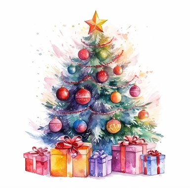 watercolor christmas tree with baubles and gifts, bright tree lights, vibrant colors, add glitter, clipart image, on a white background