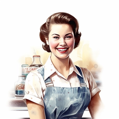 very detailed clipart of a waitress of a vintage diner smiling, surrounded by white background, wide shot, very detailed, watercolor illustration, white background, cinematic, high quality, 32 k,
