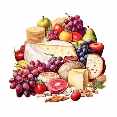 watercolor vegetables, fruits, cheese, meat, cheese, fruit, etc., in the style of vivid realism, energy-filled illustrations, light white and maroon, colorful composition, tondo, high detail, steempunk Clipart desert cartoon t-shirt graphic, vector, contour, isolated on a white background