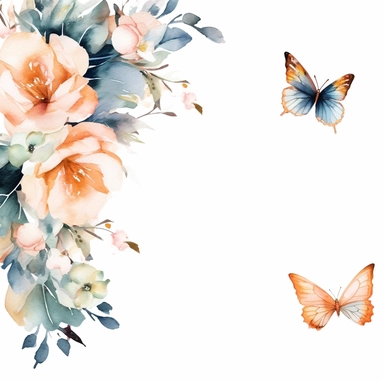 soft watercolor floral border with butterflies and leaves bottom right corner clip art white background