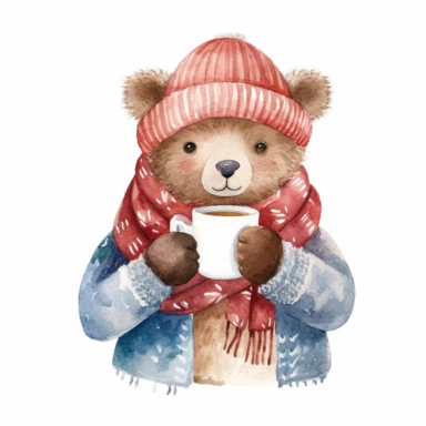 A Cute winter Watercolor Clipart , hand drawn ,a bear holding a cup of hot coco while wearing a winter costume looking knowingly out over the street from the window, cozy ,highly detailed,white background for removing background - - no text shadow font watermark