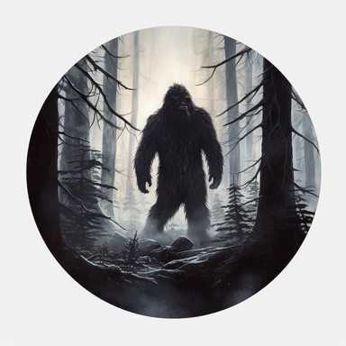 bigfoot in dark woods, painting circular clipart sticker, no mock-up, white background