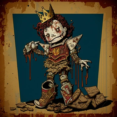 garbage pale kids format, pop surrealism digital art image of broken down, old, rusting, cartoonish, humanoid robot wearing tattered, McDonalds style uniform, made of human clothing. The robot is in an art style inspired by artists like Tara McPhereson, Nooligan, and Robin Eisenberg. To be used for digital clipart. Use dull, 1970's style, yellow, green, brown color scheme for the robot. The robot is cooking burgers in the kitchen of a fast food restaurant