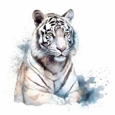Majestic white tiger with black stripes, watercolor, clipart, on isolated on white background.