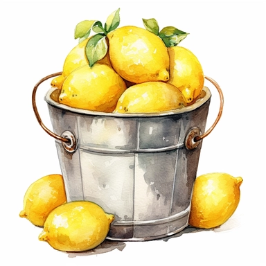 watercolor lemons in a metal bucket clipart, hd, on white background, spaced out –ar3:2 –s 1000