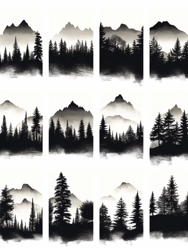 mountain silhouettes download cliparts, in the style of bob ross, alex katz, tattoo-inspired, birds-eye-view, wood, black and white contrast, charles addams