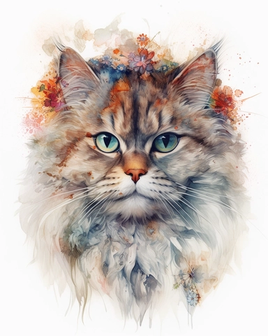 Watercolor Painting of Persian cat head on white background good anatomy, DETAILED ILLUSTRATION, Flora Design Patterns, Flemish Baroque by Rachel Ruysch, Behance, Rococo, Intricate Detailed, Soft Light Effect, Oil Paint Strokes, Light Academia Aesthetic Flowers, Lighting cinematic, all shown shimmering stamens, tyndall light, texture, colorful, 8k, fantasy, ray tracing, vivid, spectacular lighting, octane rendering, highly detailed, ultra - realistic, white background, clipart