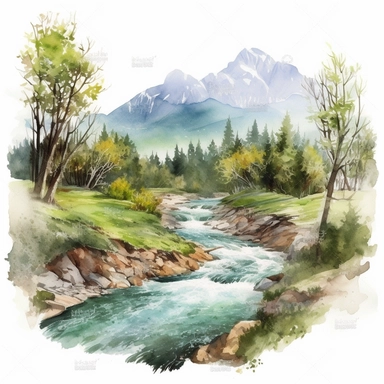 Professional gouache hand - painted illustration of Mountain River in the middle surround by trees, spring, focus on the mountain, Landscape clipart, hiking, nature, camping, white background, natural form, very detailed, deep colour, 8k