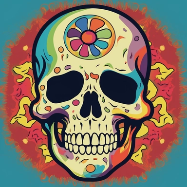 create a clipart-style illustration of a skull with a Grateful Dead-inspired design, where colorful images are placed only on the skull itself, resembling tattoos. The skull should have an expression that appears to be laughing or joyful, adding a playful element to the artwork. Begin by sketching the outline of a skull, focusing on capturing its distinct features such as the eye sockets, nasal cavity, and jawline. Keep the lines clean and simple, adhering to the clipart style. Within the confin