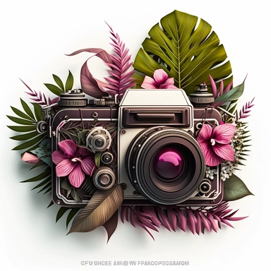 clipart of an old fashioned photo camera 1 photo lens only, surrounded by an intricate arrangement of dramatic extravagant digital 3D fushia tropical palm leaves, in the style of large-scale photography, lush detailing, cartoon style, playfully intricate, made of flowers, bloomcore, exotic ambiant, 8K, white background