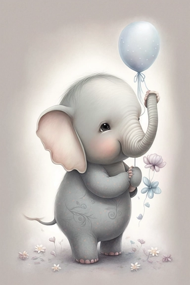 a happy baby elephant, the illustration should capture the hearts and imagination of a child and parents alike, Atmosphere: playful, clipart, hd, pastel colors, white background with margins, style of nicoletta Ceccoli,