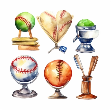 Watercolor cute little baseball trophy related items , illustrations clipart set, simple, christmas colors , cartoon elements ,different variants , championship cupseparate elements with a margin, 4k, high resolution