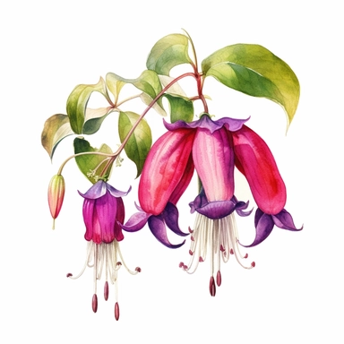 a watercolour painting of a fuchsia flower, in the style of uhd image, dansaekhwa, traditional, flourishing botanicals, exotic, white background, colorful, antique clipart, vibrant intense colors, photorealistic botanical satin drawing