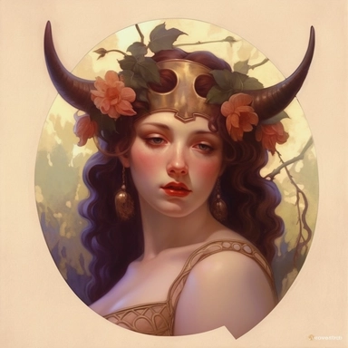 Taurus zodiac sign as fantasy girl with nose ring and earnings, and brown hair, Watercolor Zodiac Sign Clipart Astrology medea, Goddess of taurus, jasons golden fleece, ram horns, dragon, Medea, roses,