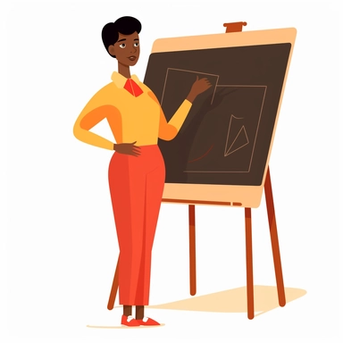 vector design, image the teacher is standing, behind the back is a blackboard, a table, a close shot, flat modern illustration, clipart, white background, soft gradient transition, in the style of warm color palette, natural pastel colors, in bed red and yellow, object portraiture specialist, uniformly staged images, animated illustrations