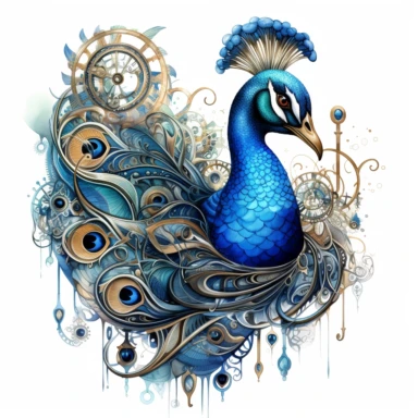 Watercolor intricate steampunk illustration of peacock with blue sapphire, clipart on white background, HQ, HD