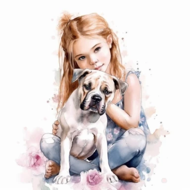 baby love pitbull ,girl with a dog, love dog, cute, Watercolor Clipart high quality, white background , cute, love , love animals