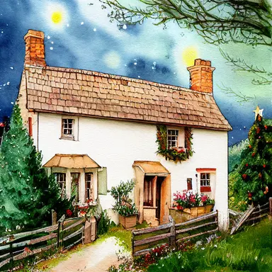 English country cottage, Christmas, watercolor, clipart