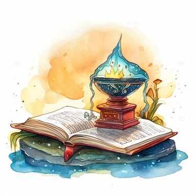 a big opened Fantasy Book Laying there with a heroic mystically themed scenery immerging out of the pages. The Scenery is featuring A genie emerging from a lamp, ready to grant wishes. It is drawn in a mesmerizing clear lined simple watercolor illustration style by Valentina Verlato using bold and saturated colors. It is a png clipart on a white background, it should be easy to cutout and remove the background from, so only use saturated colors around the edges of the clipart. The composition is