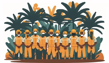 a group of asian palm oil plantation workers looking at camera for a group photo in palm oil plantation simplified illustration, minimalist, clean illustration, white background, vector design, flat modern illustration, clipart, 2D