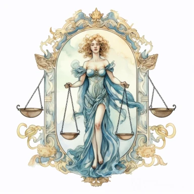 rider waite tarot inspired illustration of Libra astrological sign as Justice with Scales, watercolor illustration clipart, painterly accents, centered, solid white background, no lettering, no text