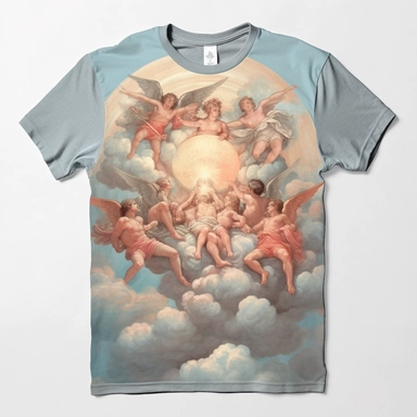 clipart, pastel blue sky, gray black clouds, red sun, white angels fly in the clouds, realism, t-shirt design, white background, Painting By Jean Delville, Disney