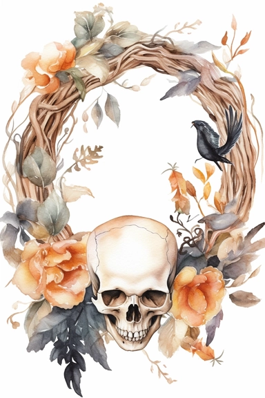 Halloween clipart, Bone Delicate watercolor illustration, White background, Cozy, clear picture, 8k, hd, isolatee on a white background, Wreath, Frame Clip Art