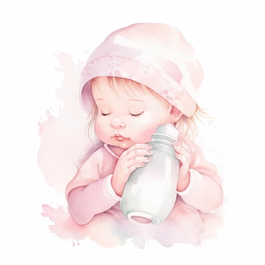 cute watercolor newborn soft pink baby holding baby bottle, watercolor effect, isolated white background, babyshower clipart, soft pink tones